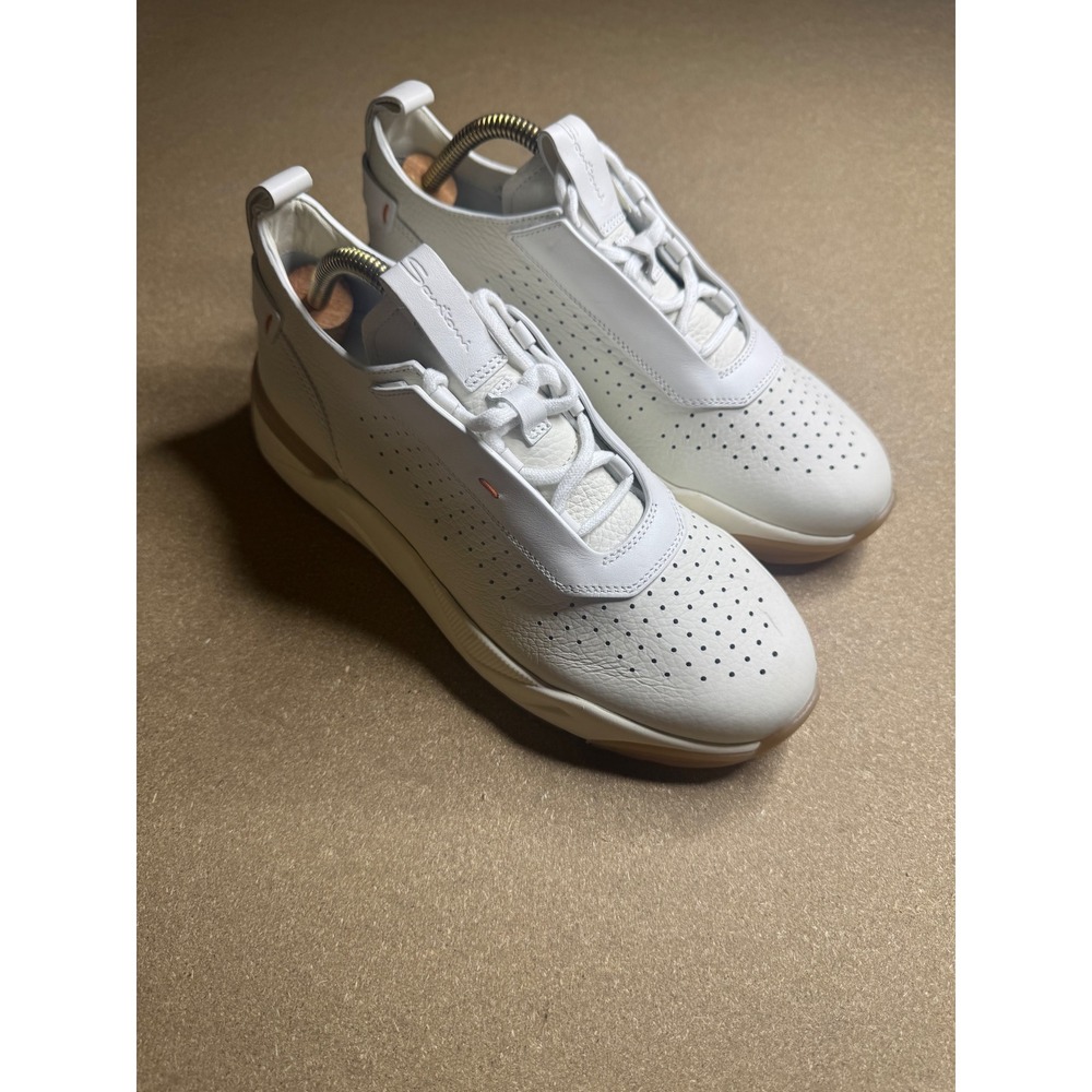 Santoni White Tumbled Leather Perforated Sneakers Made in Italy WBIM60988 38